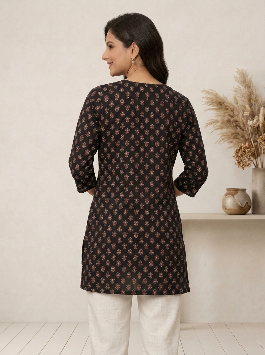 Elegant Black Cotton Floral Motif Kurti