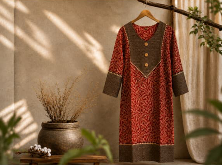 Elegant Rust Red Cotton Straight Kurti with Wooden Buttons