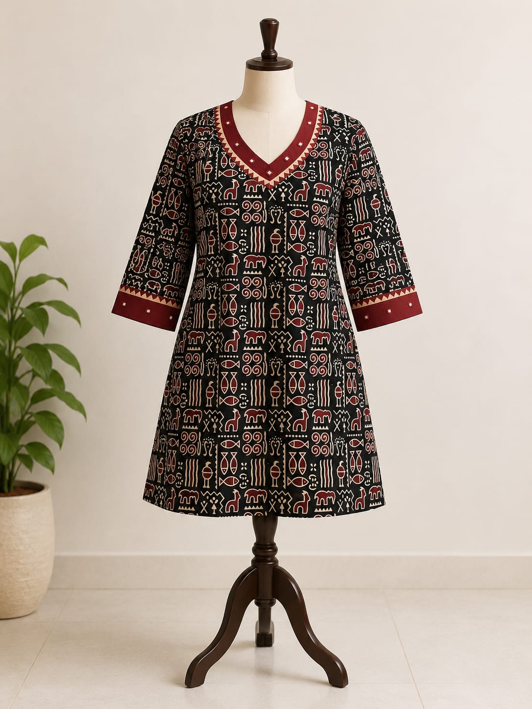 Kutchisutra Black Printed Kurti with Embroidered Border Trim