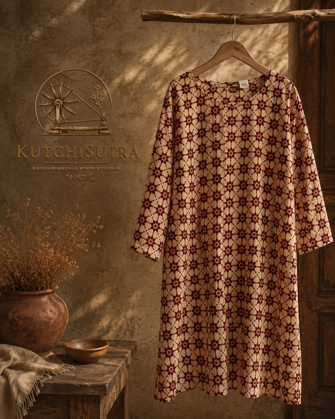 Premium Beige Cotton Kurti with Maroon Geometric Star Print