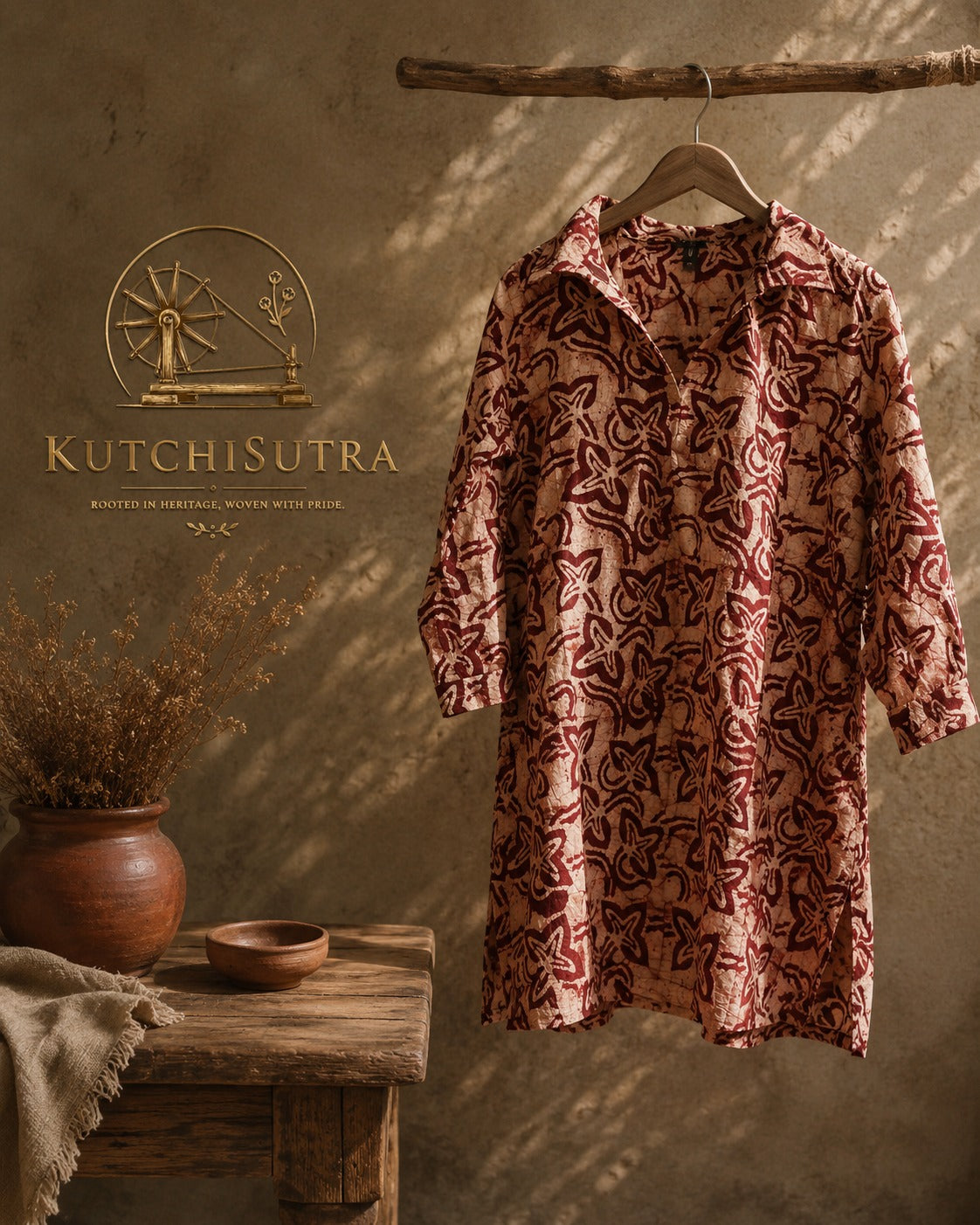 Kutchisutra Women's Maroon & Beige Batik Printed Fusion Tunic Kurti