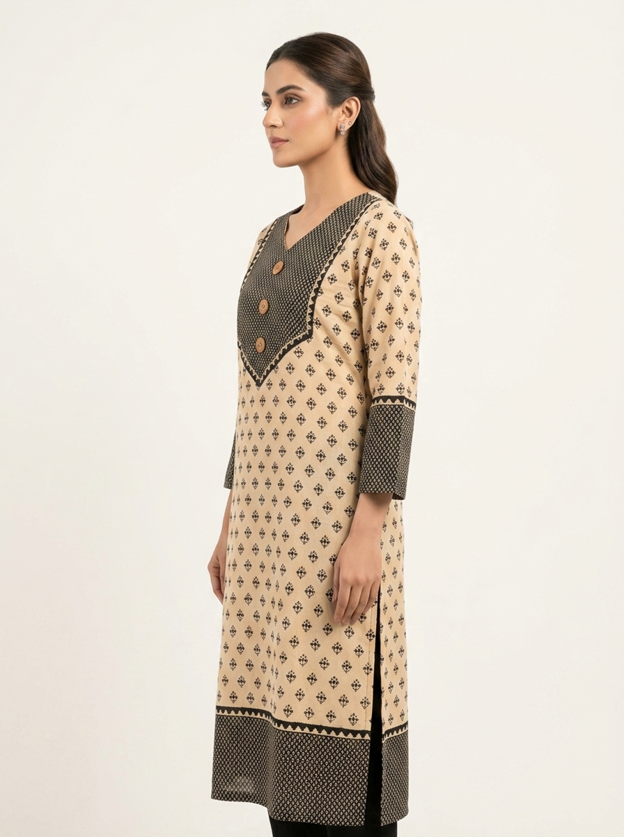 Classic Everyday Wear Beige Tunic with Patterned Borders