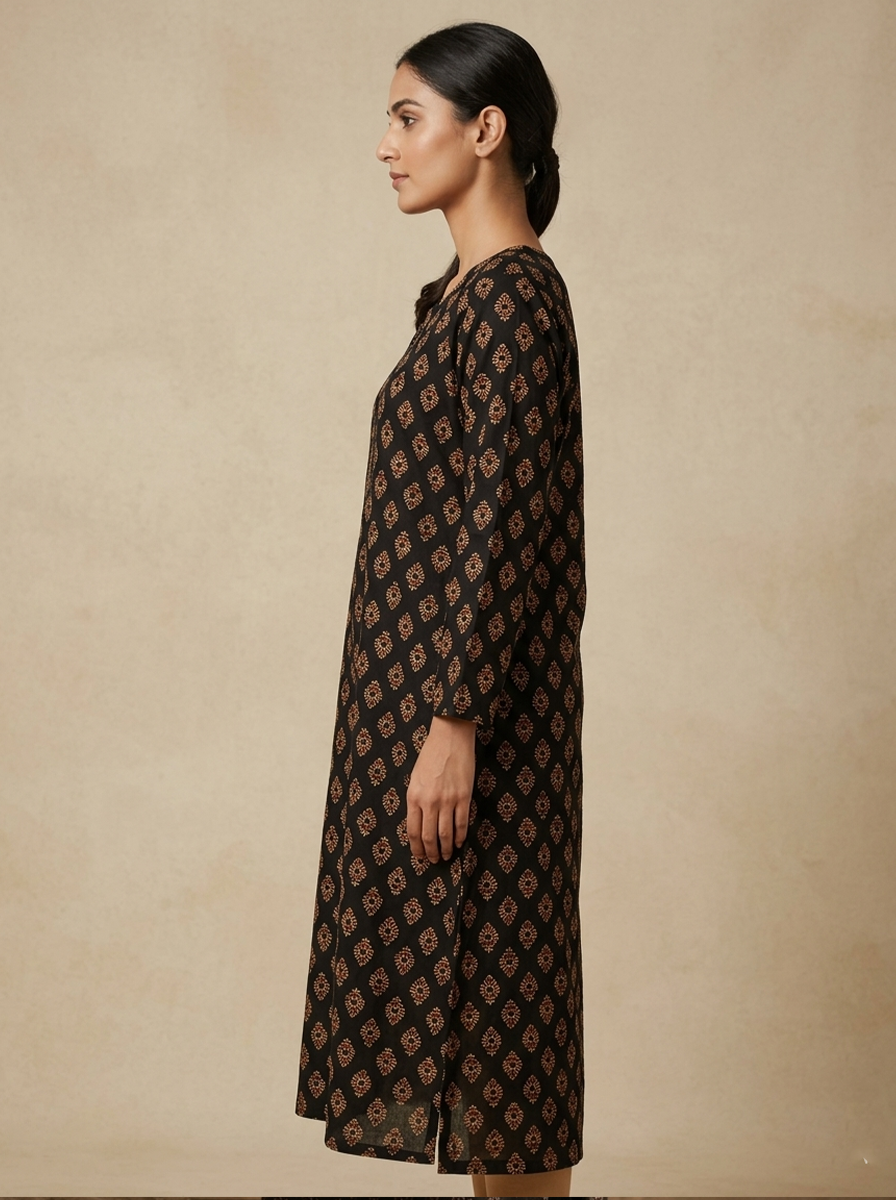 Traditional Black & Ochre Gold Hand-Block Printed Cotton Kurti