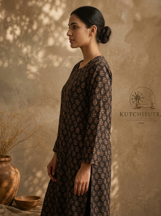 Earthy Black & Copper Gold Hand-Block Printed Cotton Kurti