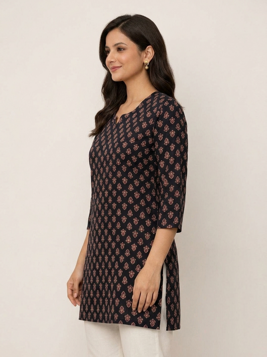 Elegant Black Cotton Floral Motif Kurti