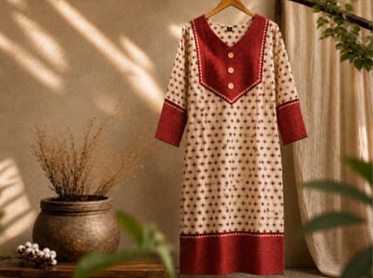 Premium Beige Cotton Kurti with Contrasting Maroon Yoke