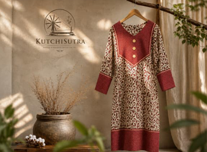 Premium Beige Cotton Kurti with Contrasting Maroon Yoke