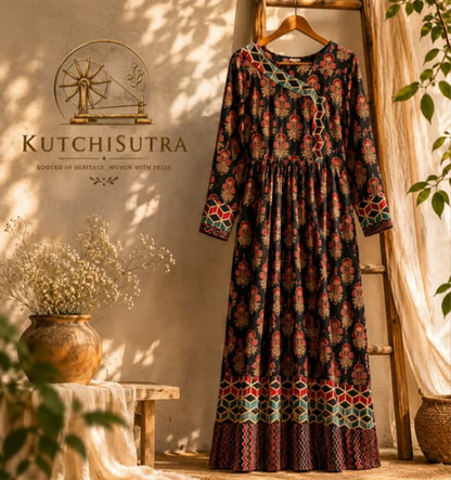 Kutchisutra Women's Printed & Embroidered Angrakha (Long Kurti)