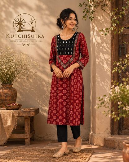 Premium Maroon Cotton Kurti with Embroidered Black Yoke
