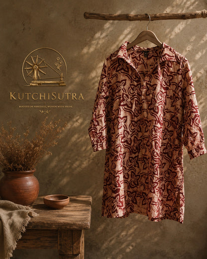 Kutchisutra Women's Maroon & Beige Batik Printed Fusion Tunic Kurti