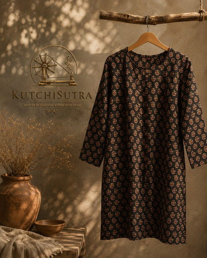 Earthy Black & Copper Gold Hand-Block Printed Cotton Kurti