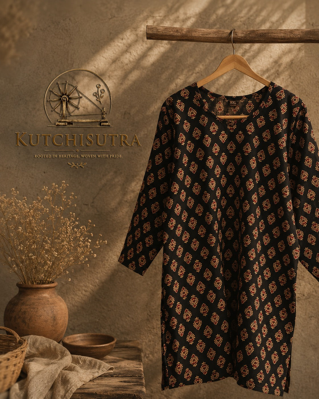 Traditional Black & Ochre Gold Hand-Block Printed Cotton Kurti