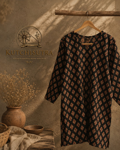 Traditional Black & Ochre Gold Hand-Block Printed Cotton Kurti
