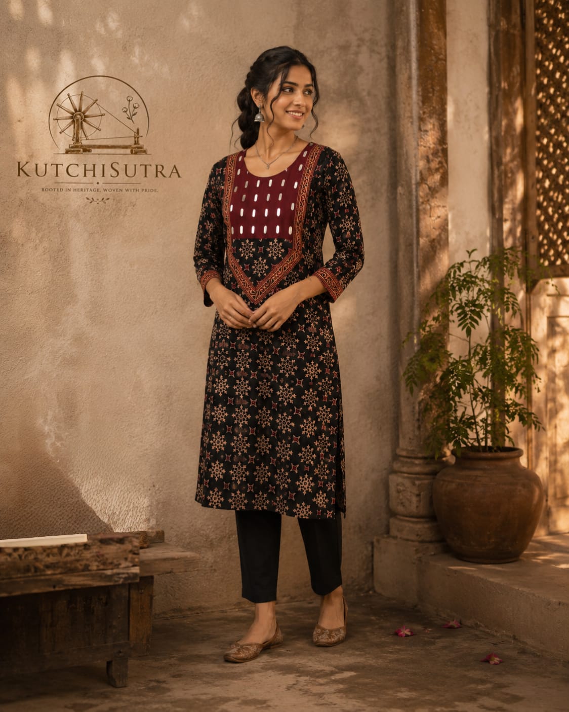 Black & Maroon Ethnic Motif Straight Long Kurta