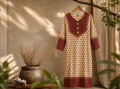 Traditional Beige & Maroon Block Print Straight Cotton Kurta