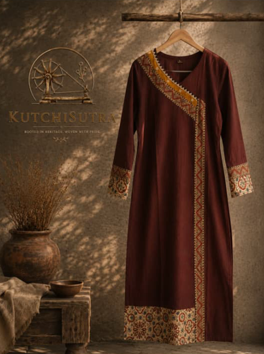 Premium Chocolate Brown Cotton Kurti with Angrakha Border (Long Kurti)