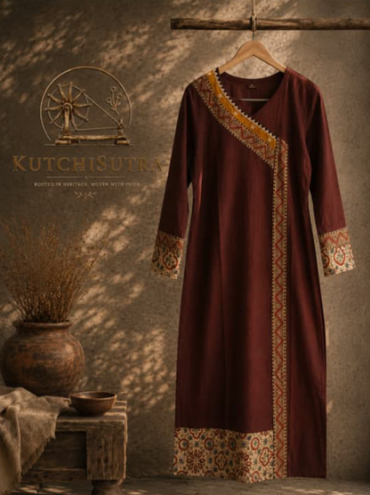 Premium Chocolate Brown Cotton Kurti with Angrakha Border (Long Kurti)