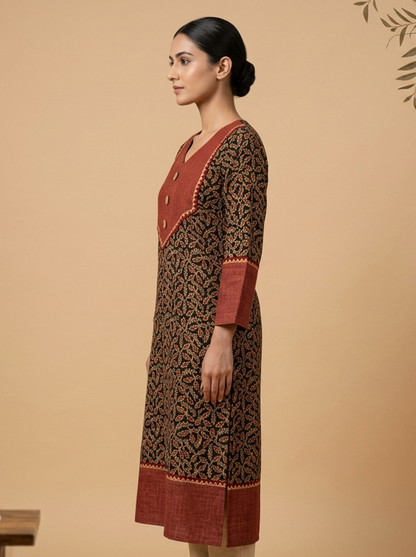 Premium Black Cotton Kurti with Contrasting Maroon Yoke