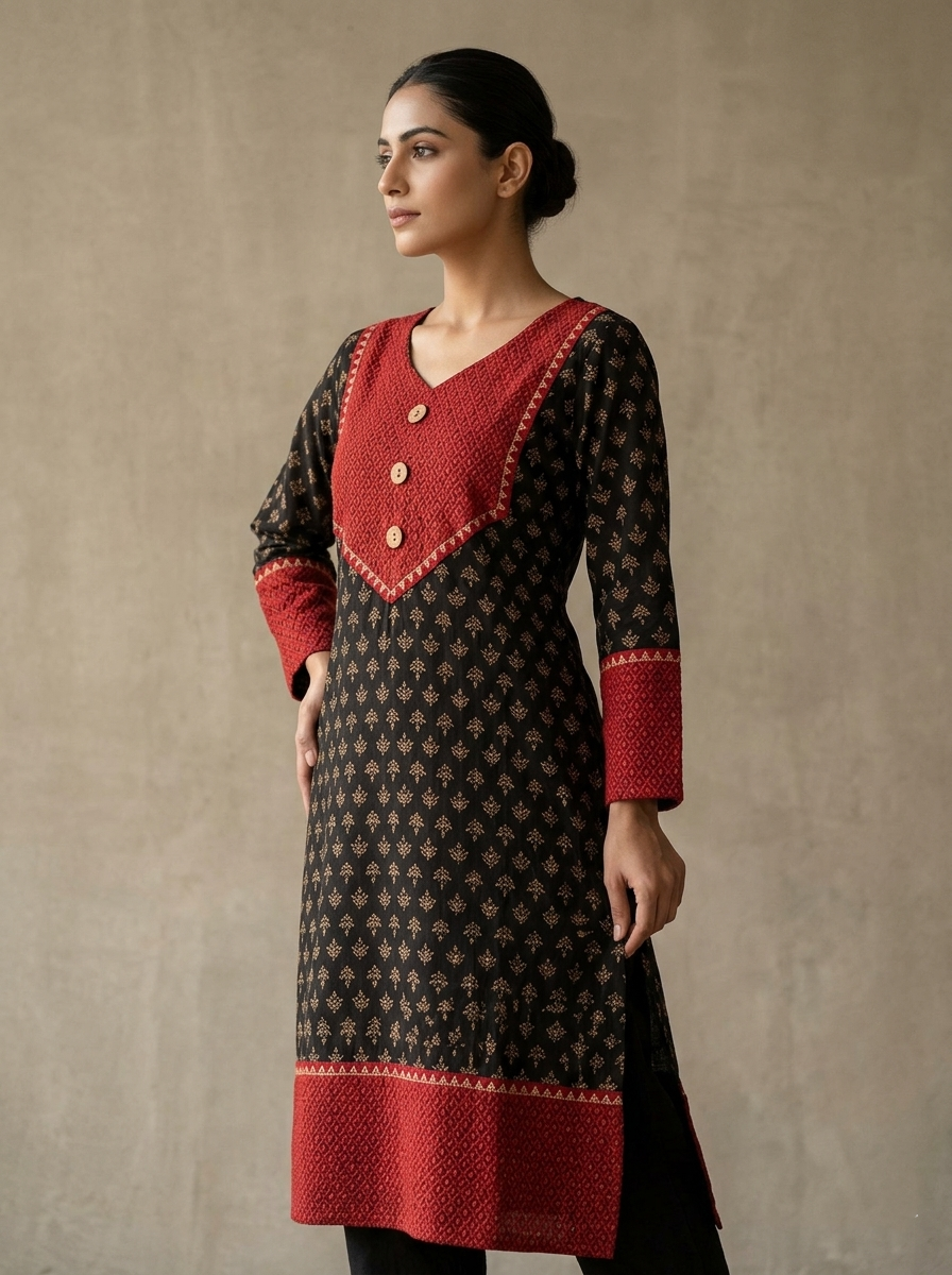 Elegant Festive Wear Black Kurti with Contrast Embroidered Yoke