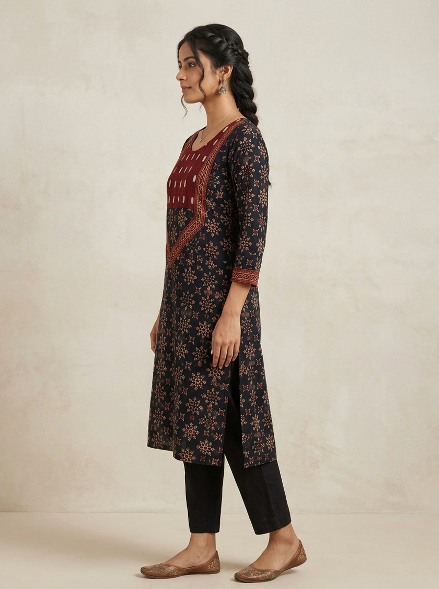 Black & Maroon Ethnic Motif Straight Long Kurta