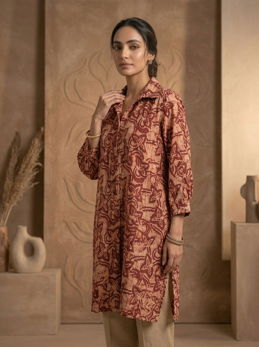 Kutchisutra Women's Maroon & Beige Batik Printed Fusion Tunic Kurti