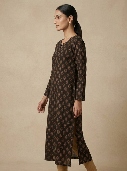Traditional Black & Ochre Gold Hand-Block Printed Cotton Kurti