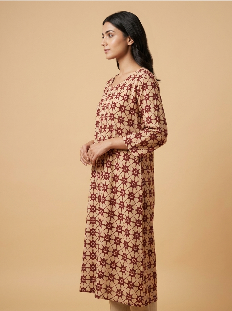 Premium Beige Cotton Kurti with Maroon Geometric Star Print