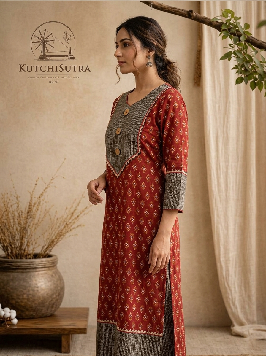 Traditional Brick Red Cotton Festive Kurti with Contrast Borde