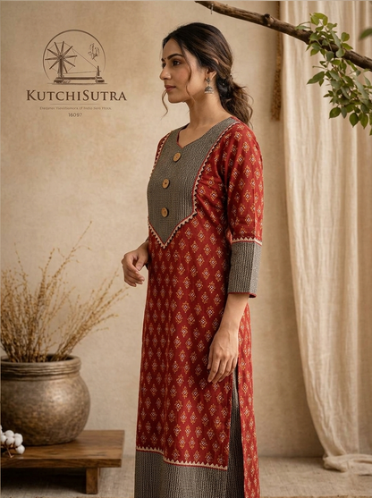 Traditional Brick Red Cotton Festive Kurti with Contrast Borde