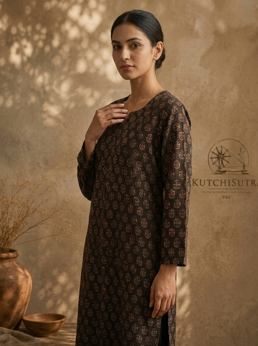 Earthy Black & Copper Gold Hand-Block Printed Cotton Kurti