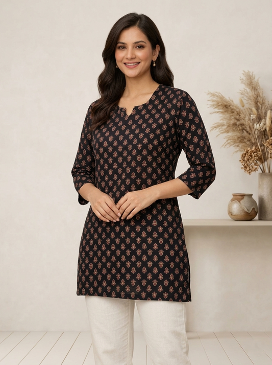 Elegant Black Cotton Floral Motif Kurti