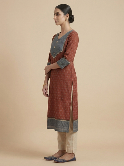 Rust Red Cotton Kurti with Chevron Yoke