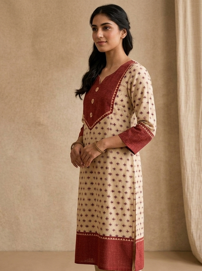 Premium Beige Cotton Kurti with Contrasting Maroon Yoke