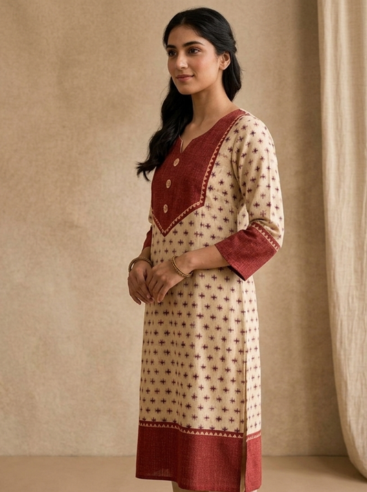 Premium Beige Cotton Kurti with Contrasting Maroon Yoke