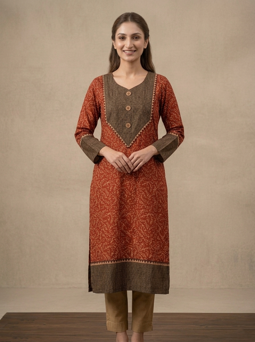 Elegant Rust Red Cotton Straight Kurti with Wooden Buttons