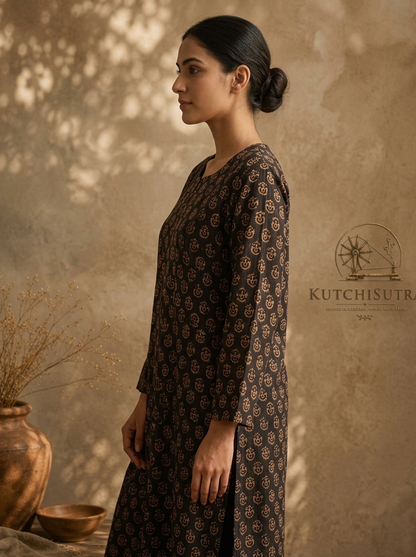 Earthy Black & Copper Gold Hand-Block Printed Cotton Kurti