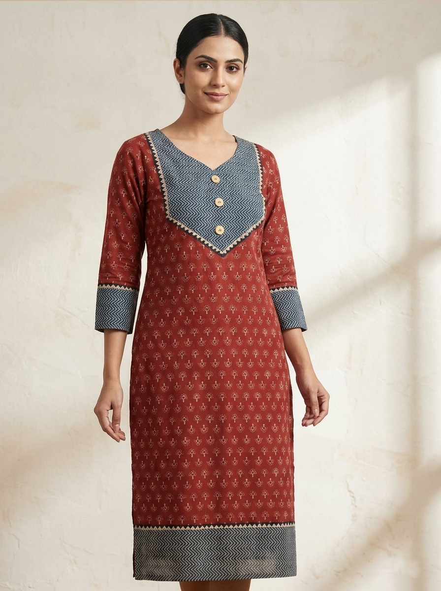 Rust Red Cotton Kurti with Chevron Yoke