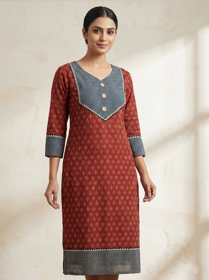 Rust Red Cotton Kurti with Chevron Yoke