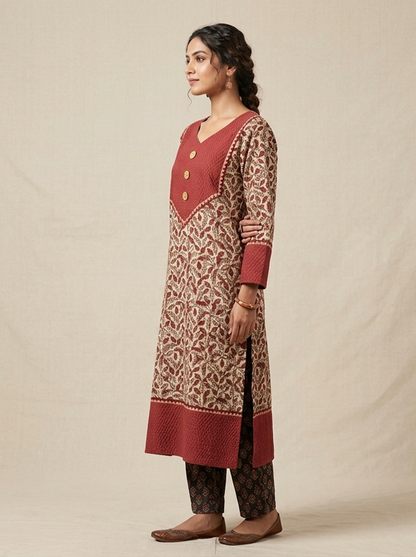 Premium Beige Cotton Kurti with Contrasting Maroon Yoke