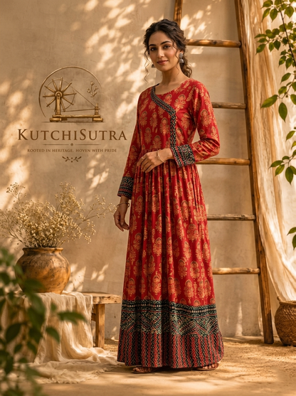 Premium Brick Red Cotton Anarkali Gown with Angrakha Yoke (Long Kurti)