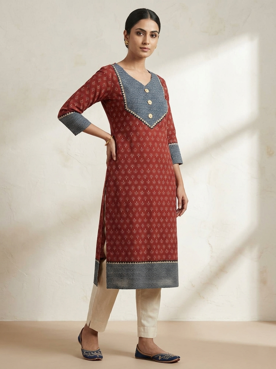 Rust Red Cotton Kurti with Chevron Yoke