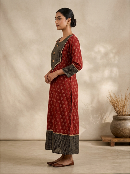 Elegant Maroon Geometric Block Print Cotton Kurti