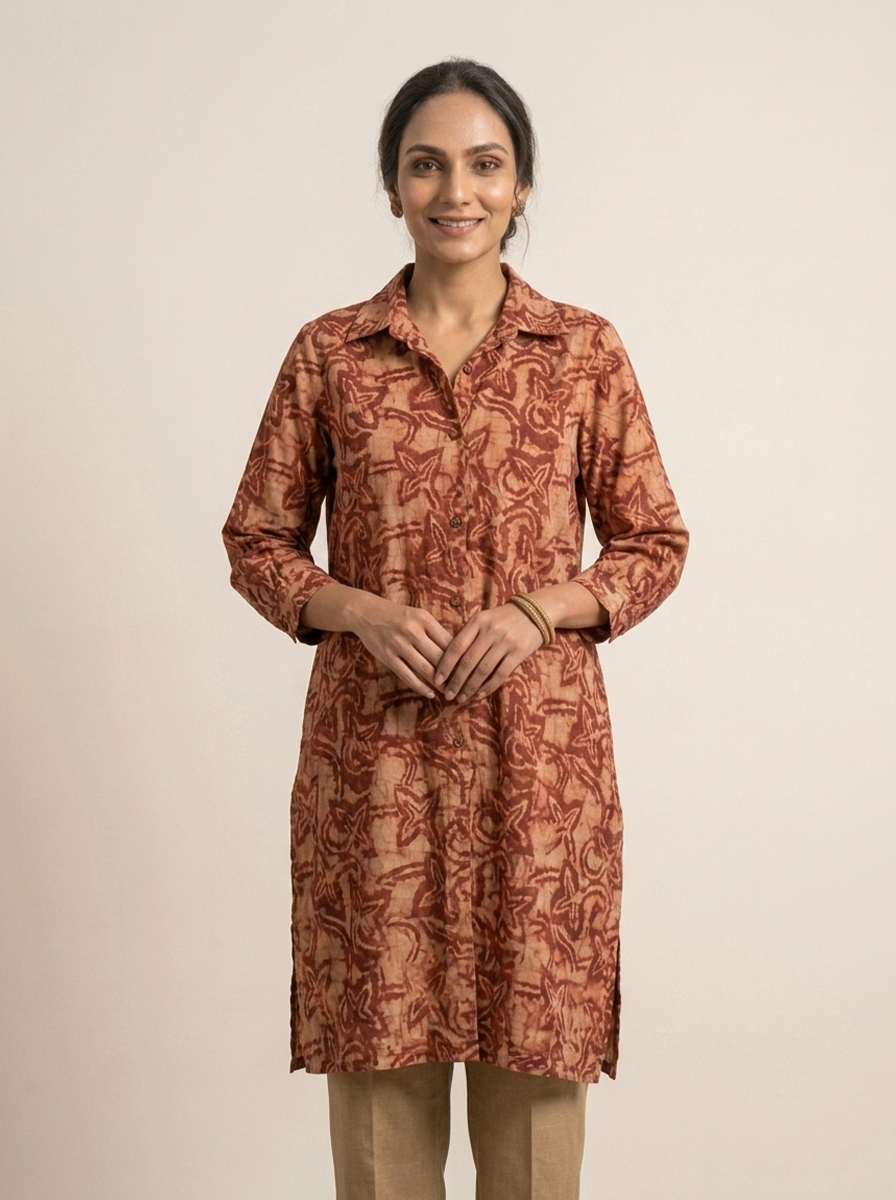 Kutchisutra Women's Maroon & Beige Batik Printed Fusion Tunic Kurti