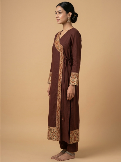 Premium Chocolate Brown Cotton Kurti with Angrakha Border (Long Kurti)