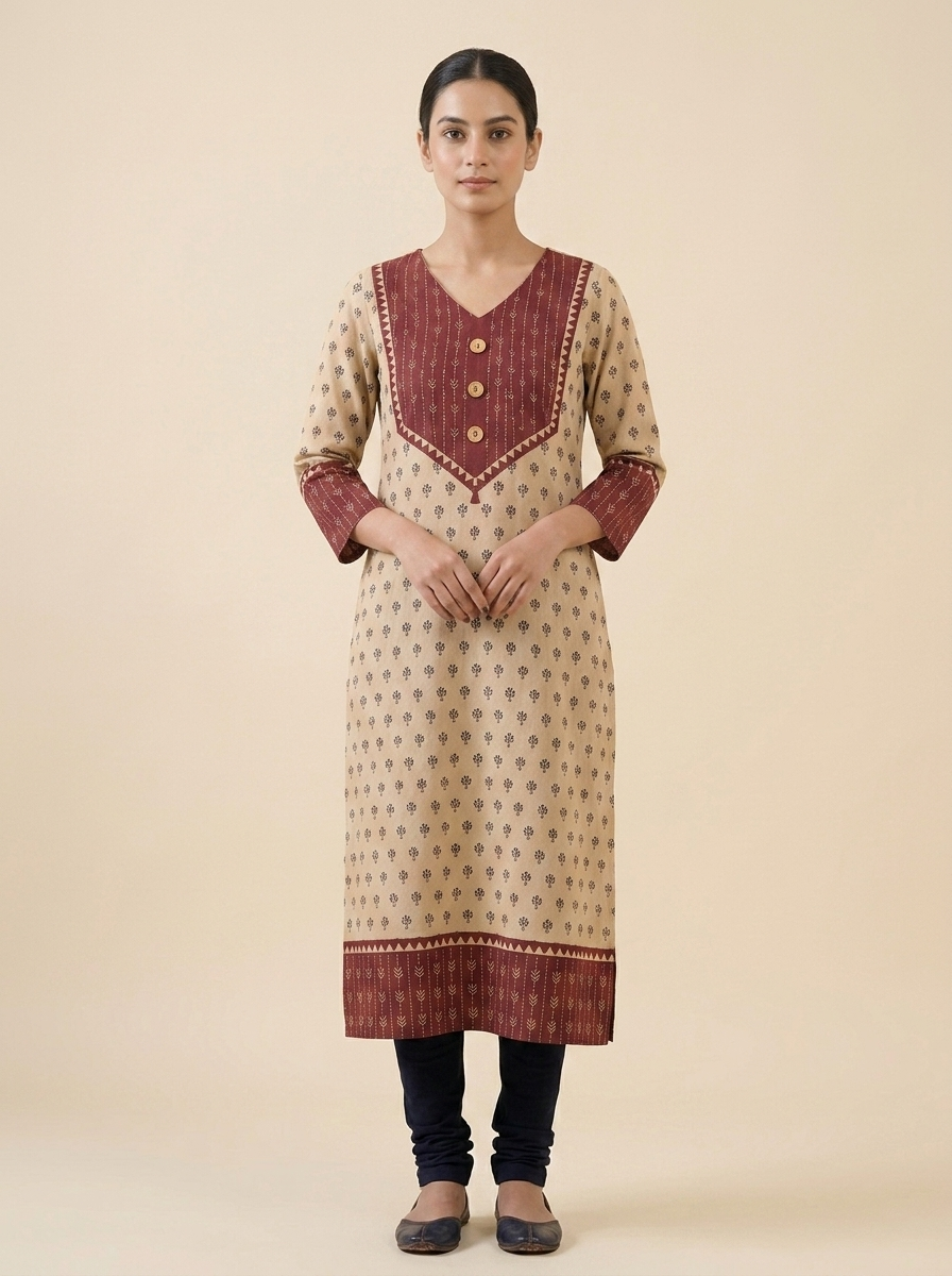 Traditional Beige & Maroon Block Print Straight Cotton Kurta