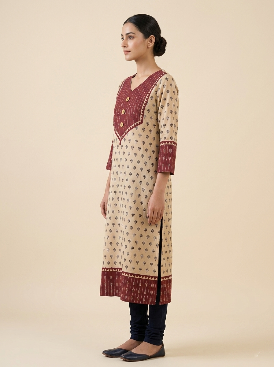 Traditional Beige & Maroon Block Print Straight Cotton Kurta
