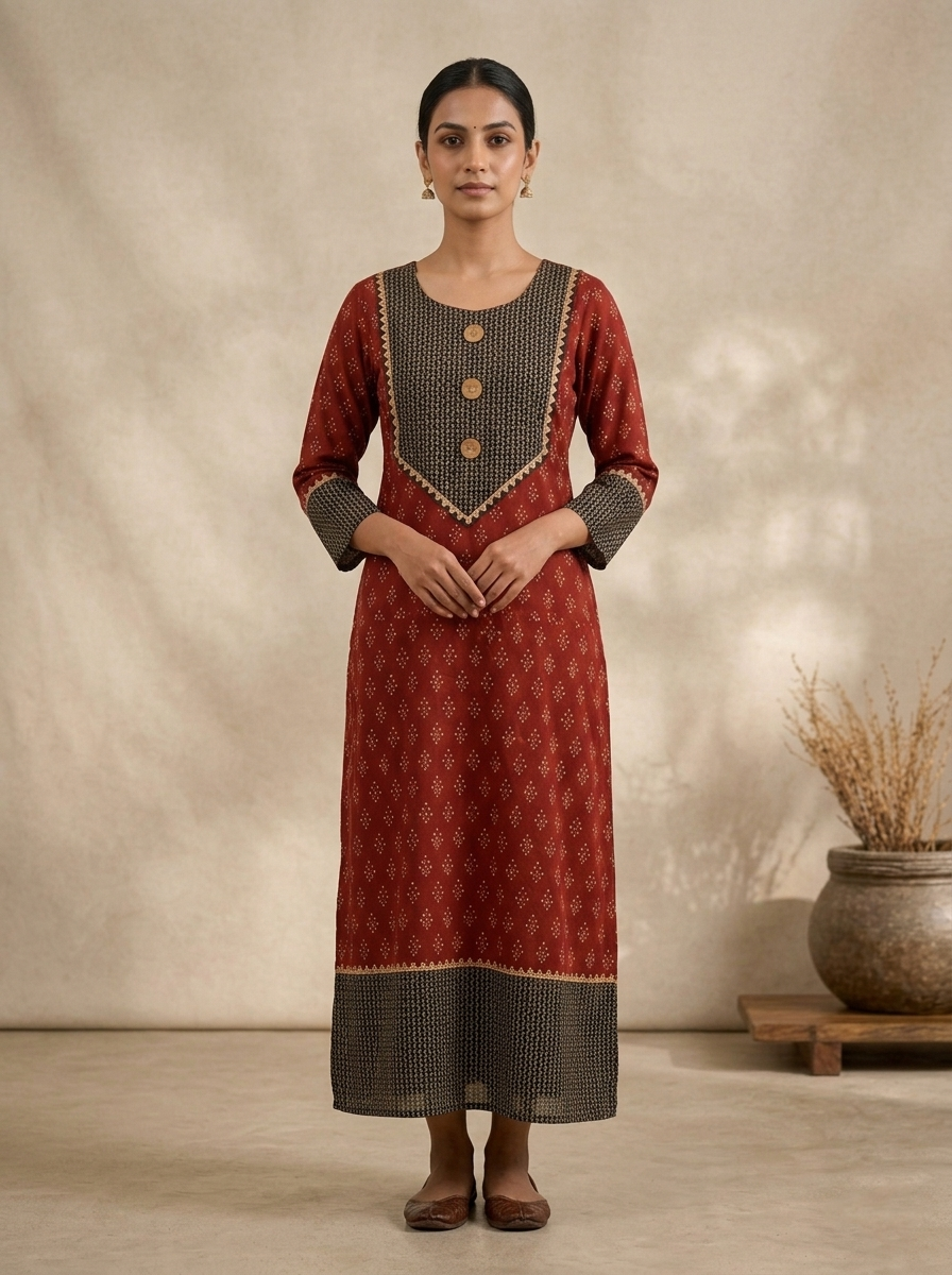 Elegant Maroon Geometric Block Print Cotton Kurti
