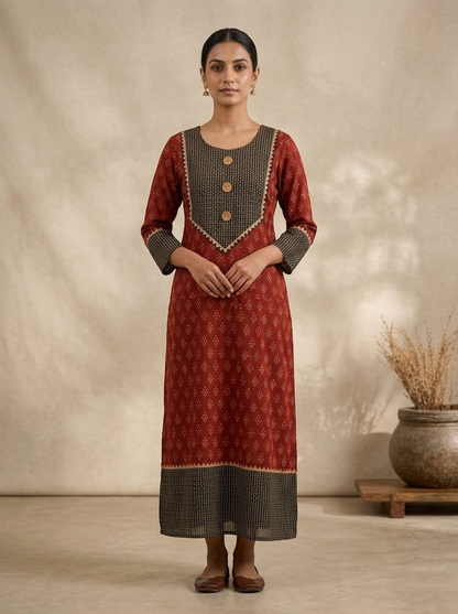 Elegant Maroon Geometric Block Print Cotton Kurti