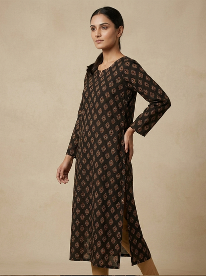 Traditional Black & Ochre Gold Hand-Block Printed Cotton Kurti