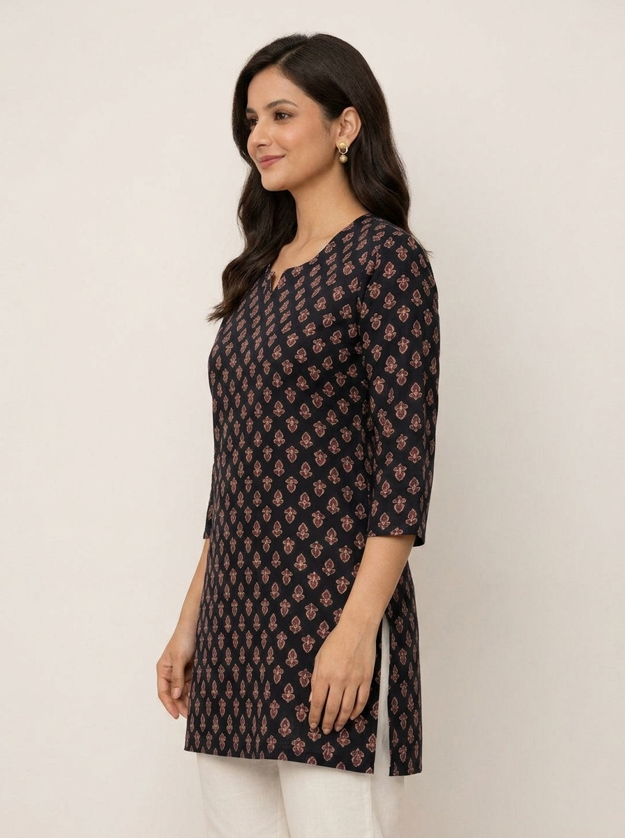 Elegant Black Cotton Floral Motif Kurti